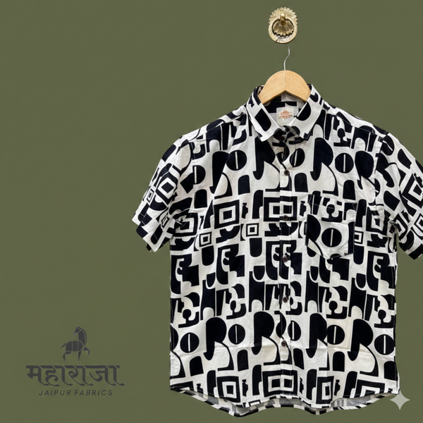 Jaipuri Black/White Abstract Print Half Sleeves Shirt for Men