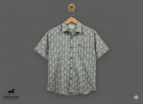 Jaipuri Grey Block Printed Half Sleeves Shirt for Men