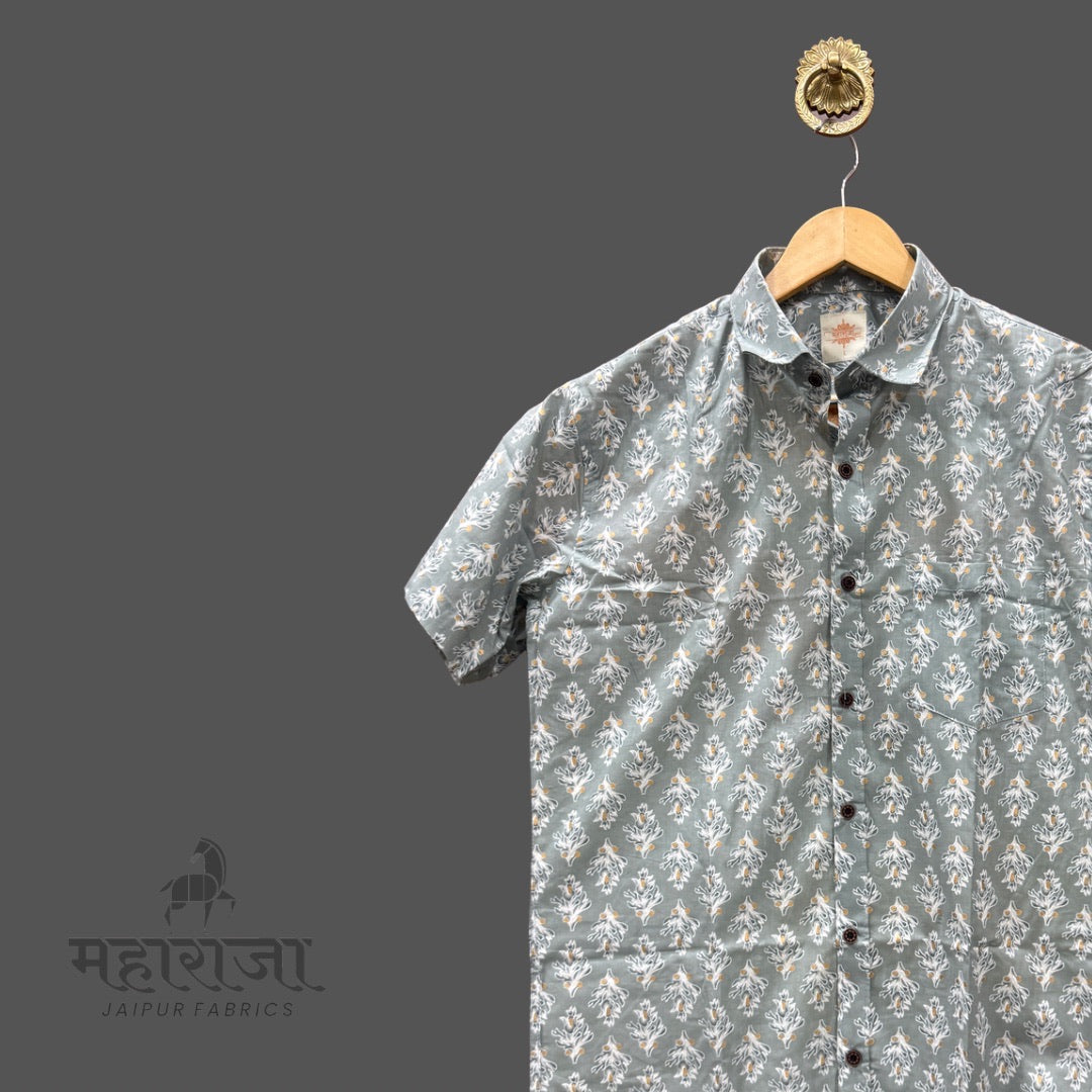 Jaipuri Grey Block Printed Half Sleeves Shirt for Men
