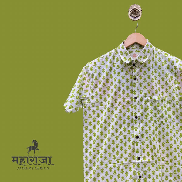 Jaipuri Neon Green Floral Printed Half Sleeves Shirt for Men