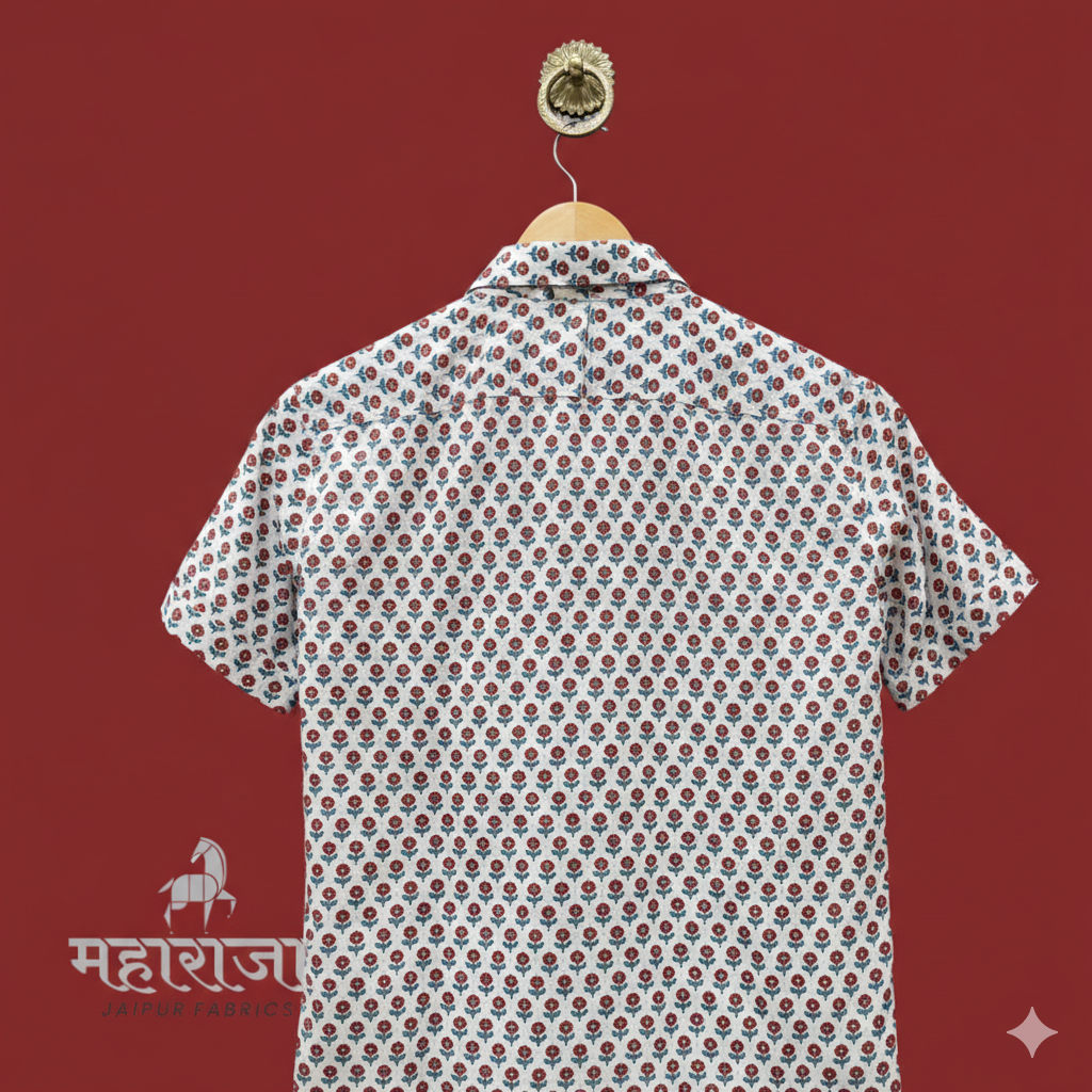 Jaipuri Red Floral Block Print Half Sleeves Shirt for Men