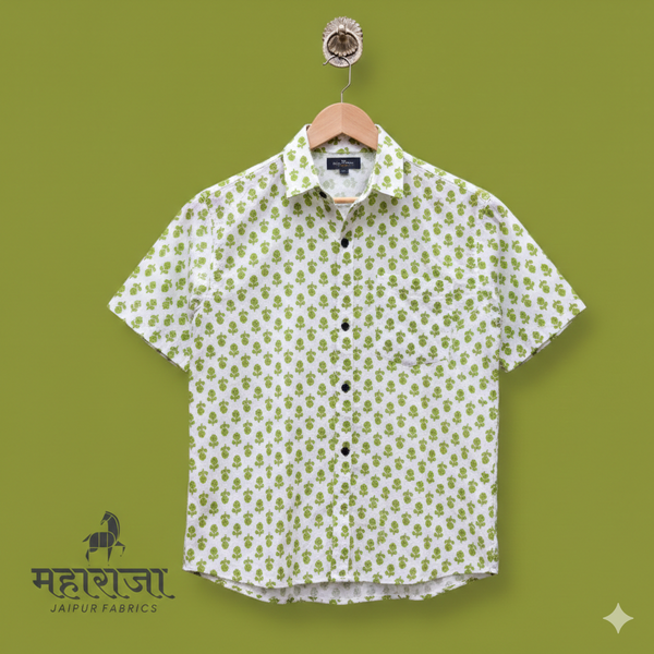 Jaipuri Neon Green Floral Printed Half Sleeves Shirt for Men