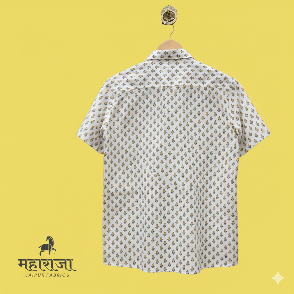 Jaipuri White Mango Print Half Sleeves Shirt for Men