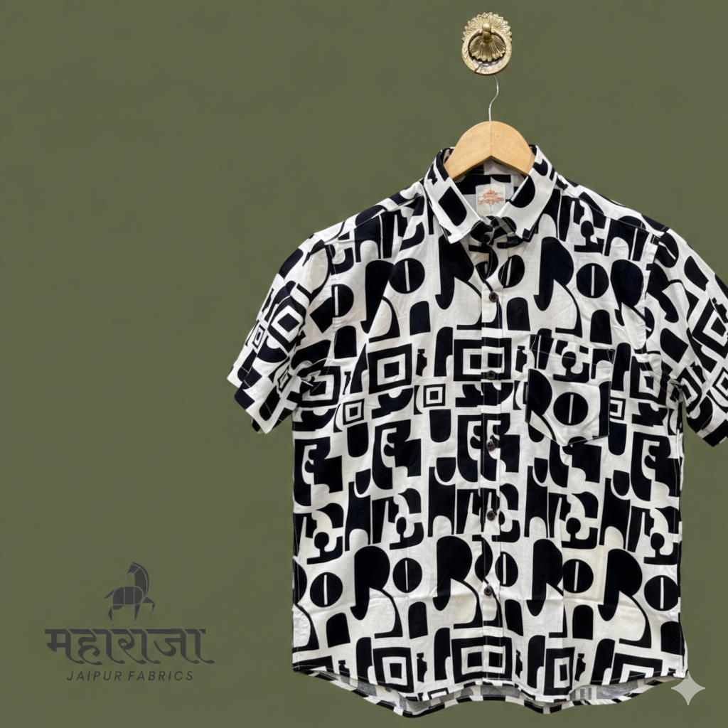 Jaipuri Black/White Abstract Print Half Sleeves Shirt for Men