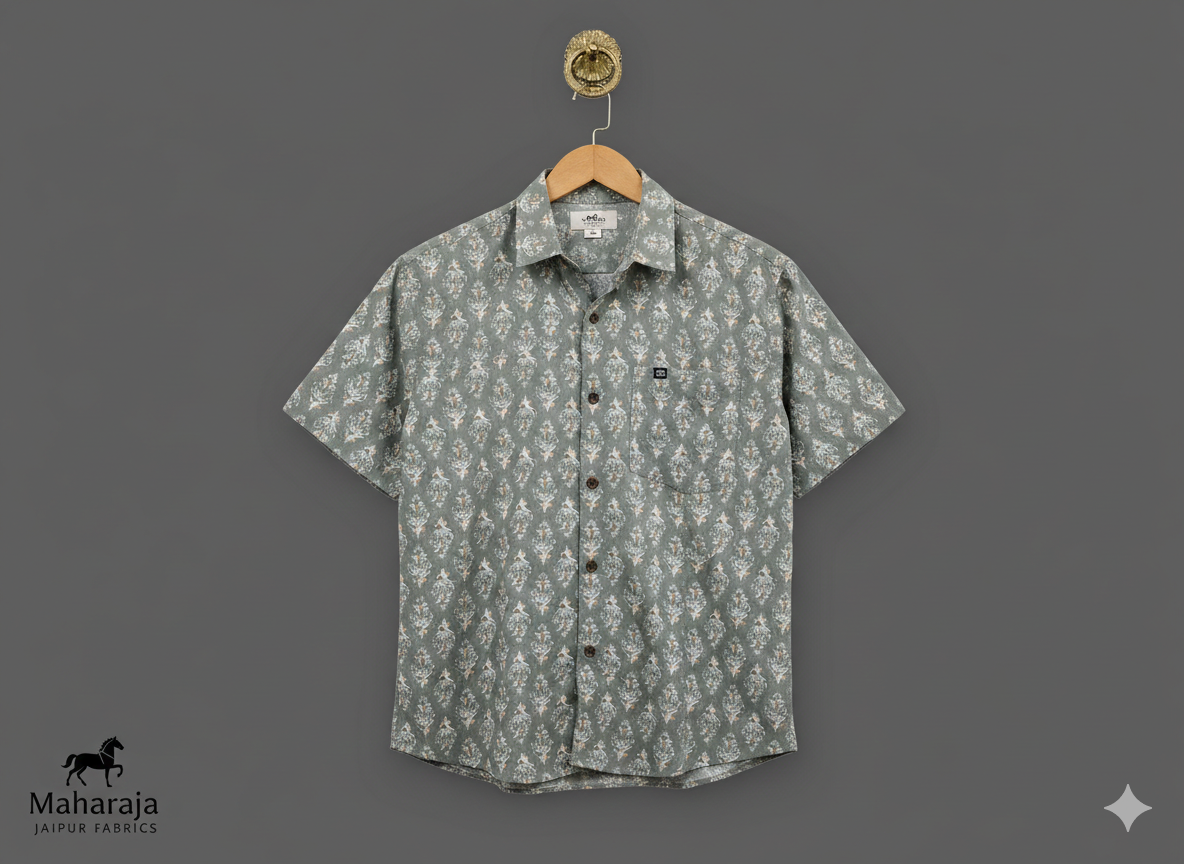 Jaipuri Grey Block Printed Half Sleeves Shirt for Men