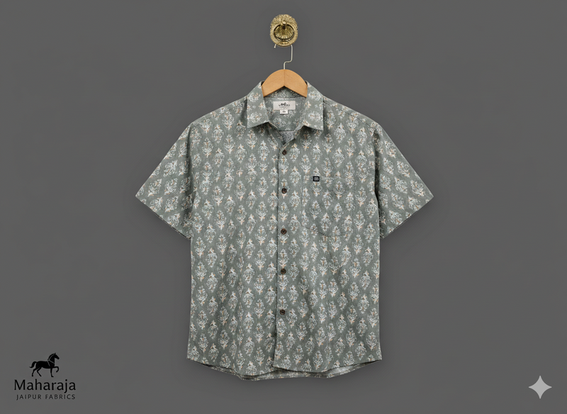 Jaipuri Grey Block Printed Half Sleeves Shirt for Men — alternate view
