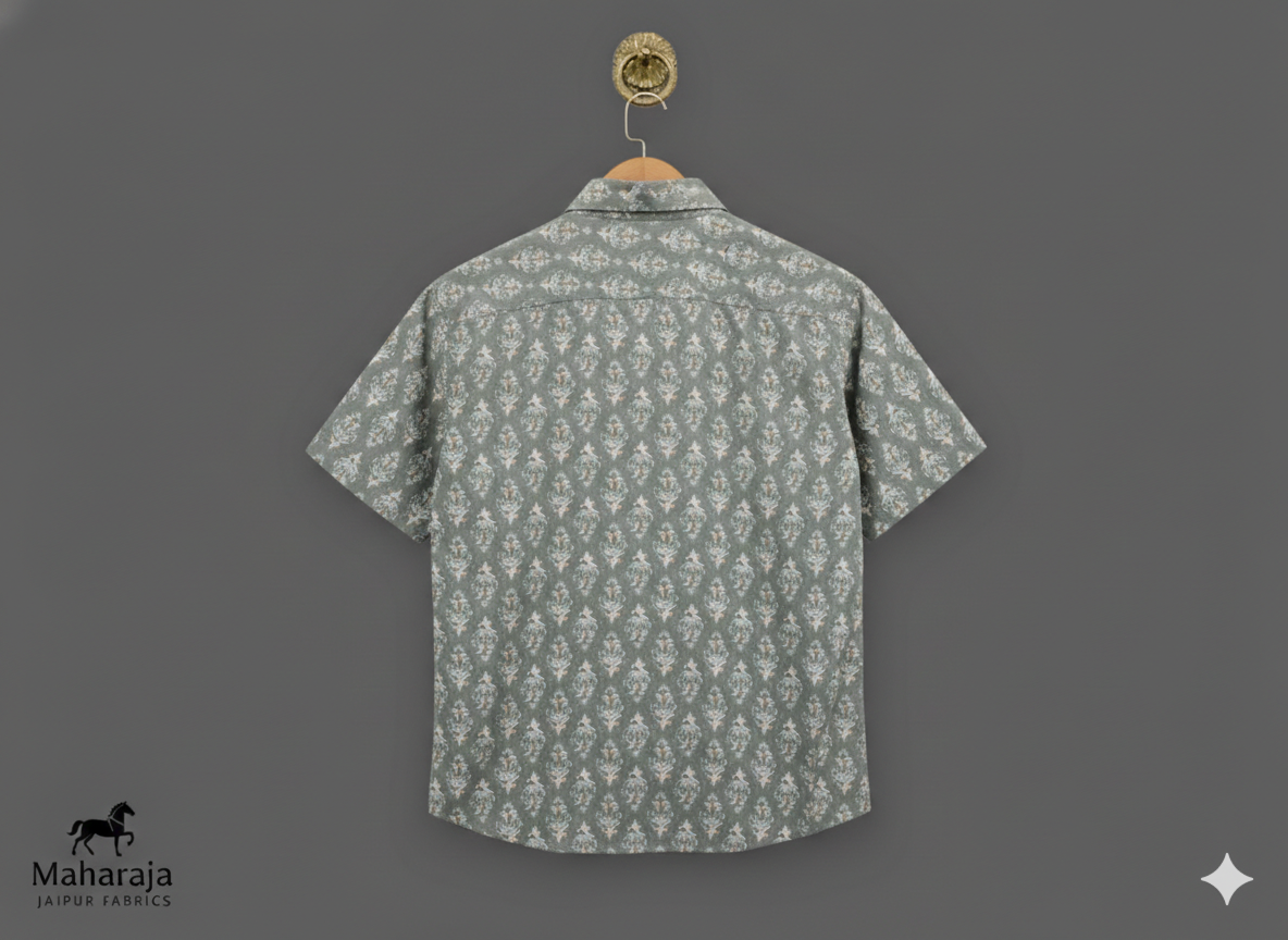 Jaipuri Grey Block Printed Half Sleeves Shirt for Men