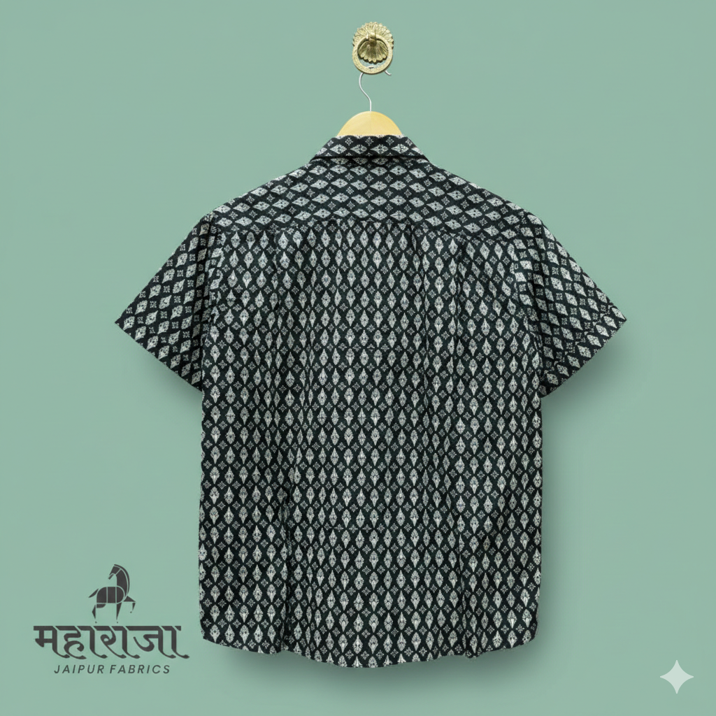 Jaipuri Black Block Print Half Sleeves Shirt for Men