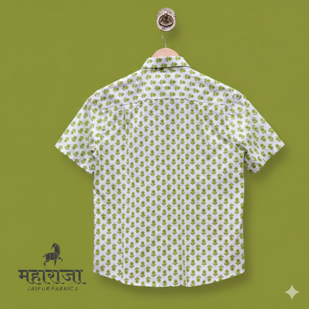 Jaipuri Neon Green Floral Printed Half Sleeves Shirt for Men