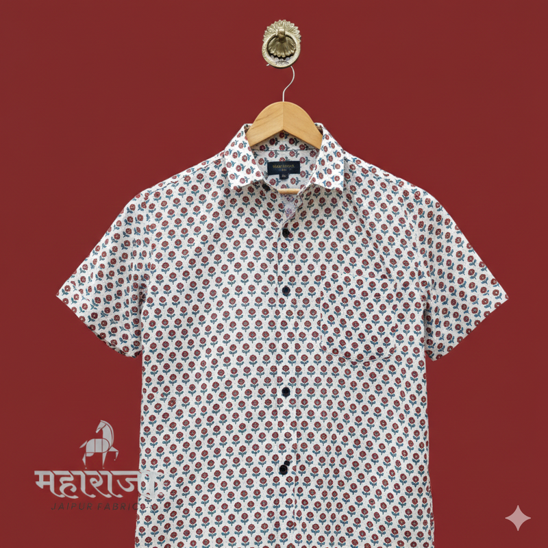 Jaipuri Red Floral Block Print Half Sleeves Shirt for Men — alternate view