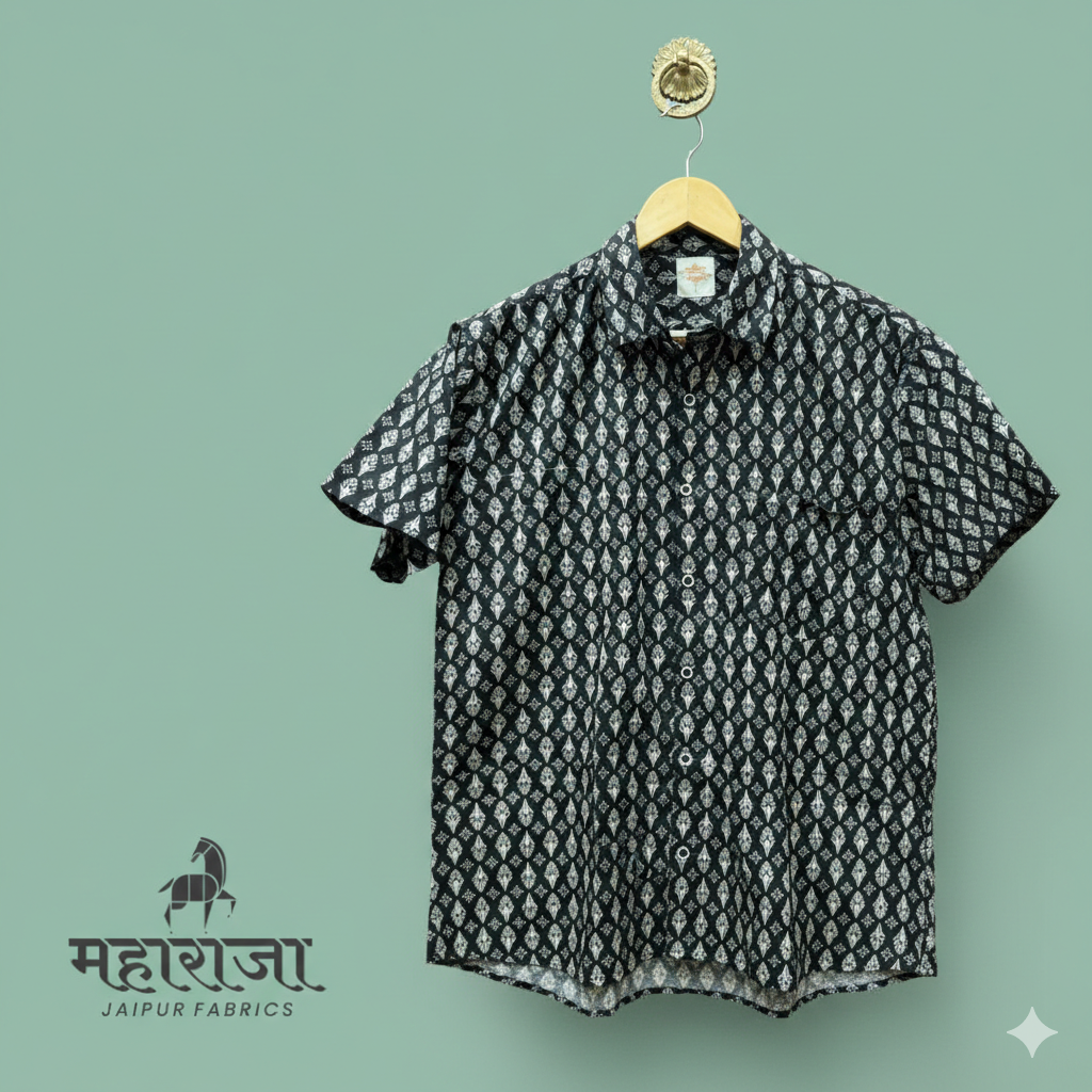 Jaipuri Black Block Print Half Sleeves Shirt for Men