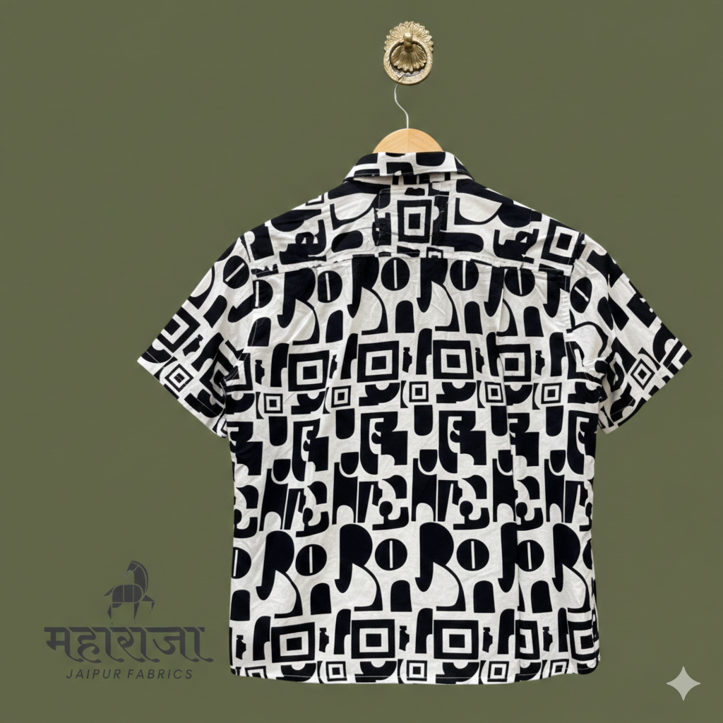 Jaipuri Black/White Abstract Print Half Sleeves Shirt for Men